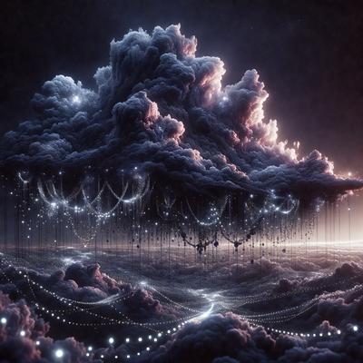 The primary subject of the image is a large, colorful cloud with a purple and pink hue. The cloud is surrounded by a dark, starry sky, creating a dramatic and moody atmosphere. The visual style of the image is digital art, as it appears to be a computer-generated or digitally manipulated scene. The colors and mood of the image evoke a sense of wonder and awe, as the viewer is drawn into the vast and mysterious world of the cloud.